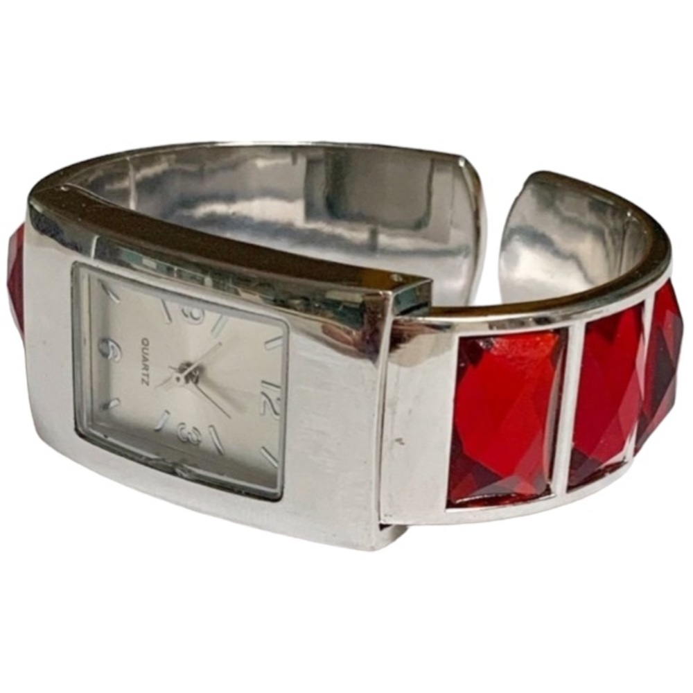 Red silver rhinestone hinged bracelet watch
